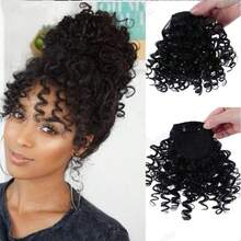 BUQI 假刘海蓬松卷曲夹式刘海假发，自然逼真的人造刘海，时尚女装 - 黑色 - 查看 1