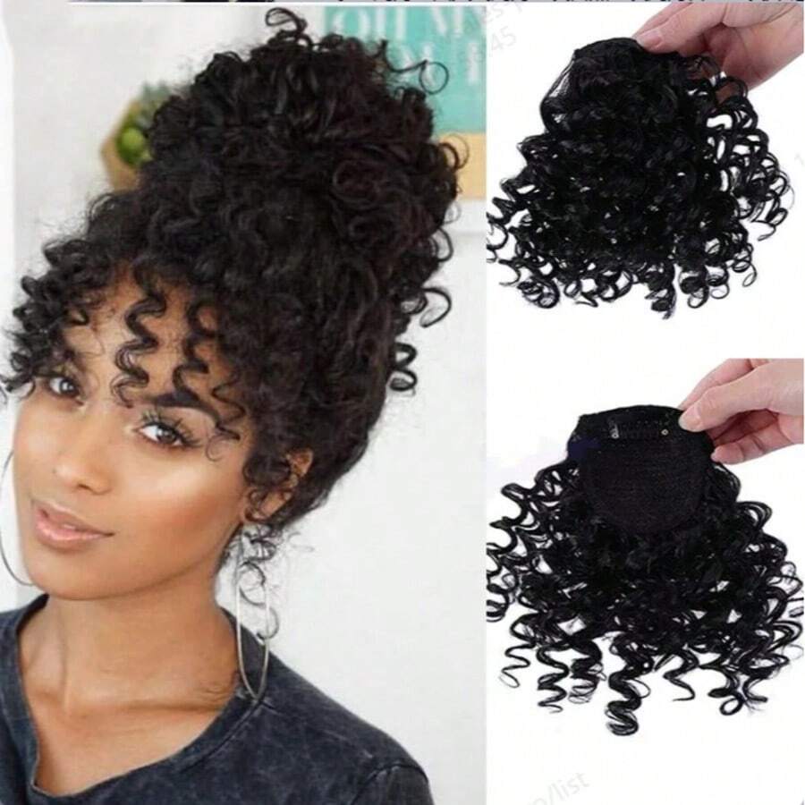 BUQI 假刘海蓬松卷曲夹式刘海假发，自然逼真的人造刘海，时尚女装 - 黑色 - 查看 1