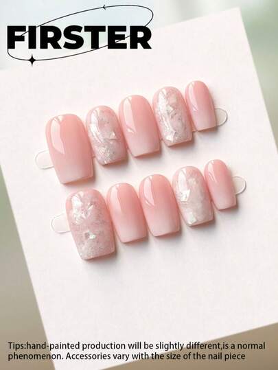 10pcs Medium Square Handmade Press On Nails, Light Pink Shell & Glitter Fake Nails, Gradient Nail Art, Glossy Finish, Reusable Acrylic Nails For Y2K Style And Summer Daily Wear