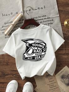 男婴酷炫赛车风格T恤，“Young & Rad”头盔印花，柔软纯棉休闲T恤，适合幼儿男童日常穿着 - 白色 - 查看 3