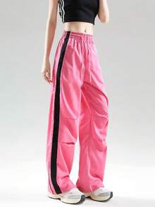 JUTU Spring/Summer Loose Woven Fabric Contrast Color Side Stripe Pleated Drawstring Women's Fashion Wide Leg Pants, Youthful Sweet Style, Lightweight & Comfortable For Casual/Holiday Wear - 0B52 Pink and Black - View 4
