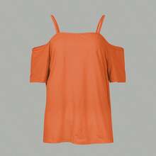 Plus Size 1pc Colorblock Leopard Print Patchwork Knit Fabric Sleeveless T-Shirt, Suitable For Vacation & Beach In Summer Casual - Orange - View 5