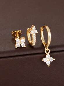 3 piezas Conjunto de pendientes colgantes de flores de circonita de moda para mujeres, chapados en oro de 18K, pendientes de aro con flores geométricas para perforación del cartílago, joyería - 3PCS-Oro 1 - Ver 3