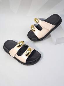 1 Pair Kids' Off-White + Metal Water Drop Buckle + Double Strap Faux Leather Patchwork Non-Slip Durable Comfortable Open Toe Thick Sole Minimalist Luxury Slides, Suitable For Work/Casual Wear - Apricot - View 6