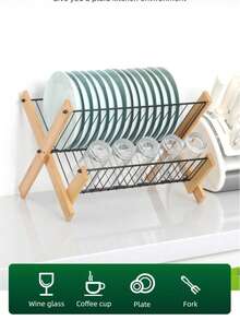 1pc Foldable 2-Tier Bamboo Dish Drying Rack, Natural Wood And Black Metal Wire Plate Holder, Collapsible Kitchen Counter Dish Drainer Rack, Space-Saving Sturdy For Small Kitchen And Apartment - Silver - View 6