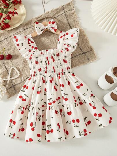 夏季女婴可爱甜美短袖樱桃印花腰部荷叶边连衣裙及蝴蝶结发圈