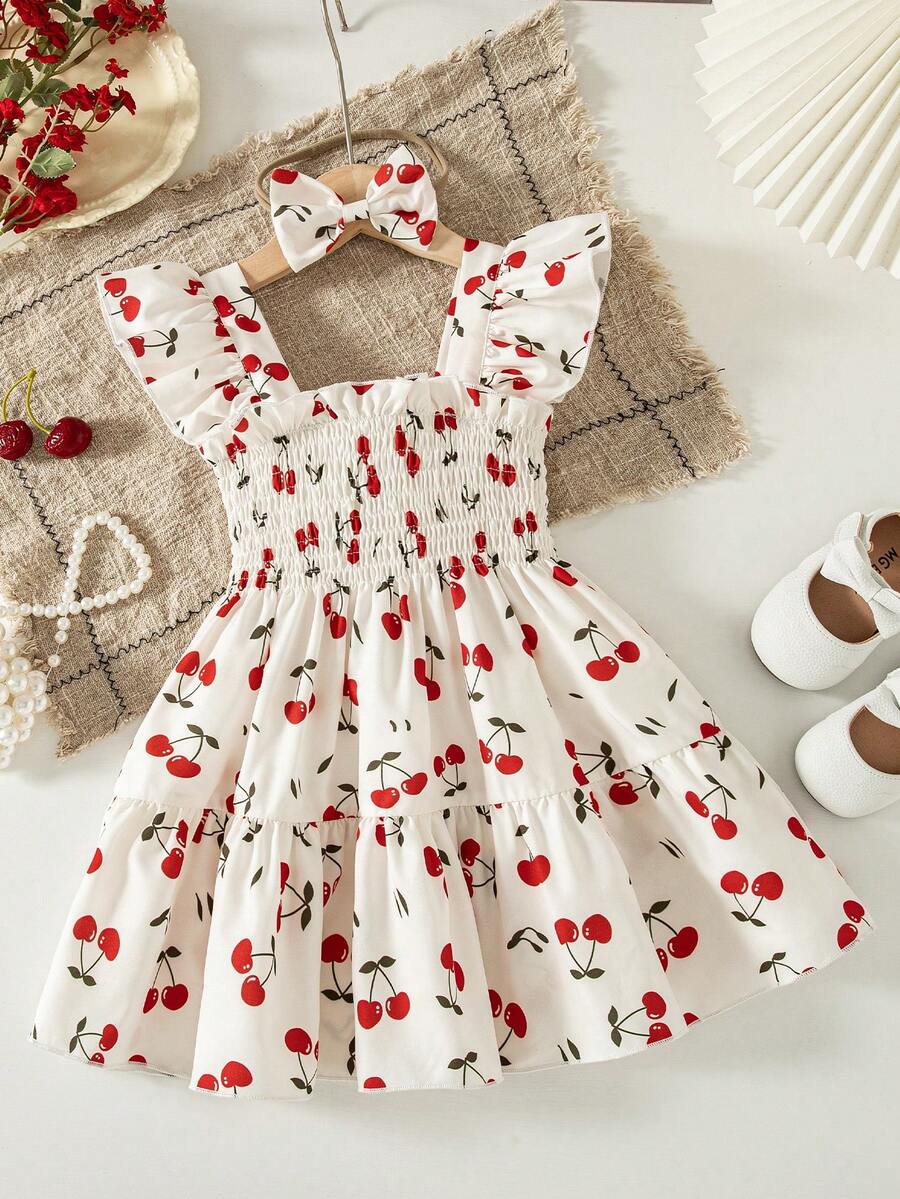 Đầm ngắn tay bồng in hình quả anh đào dễ thương cho bé gái mùa hè, kèm dây buộc tóc nơ. - trắng - Xem 1