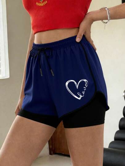 女士爱心印花抽绳腰带户外短裤，适合泳池派对、海滩度假、健身瑜伽、夏季日常穿着