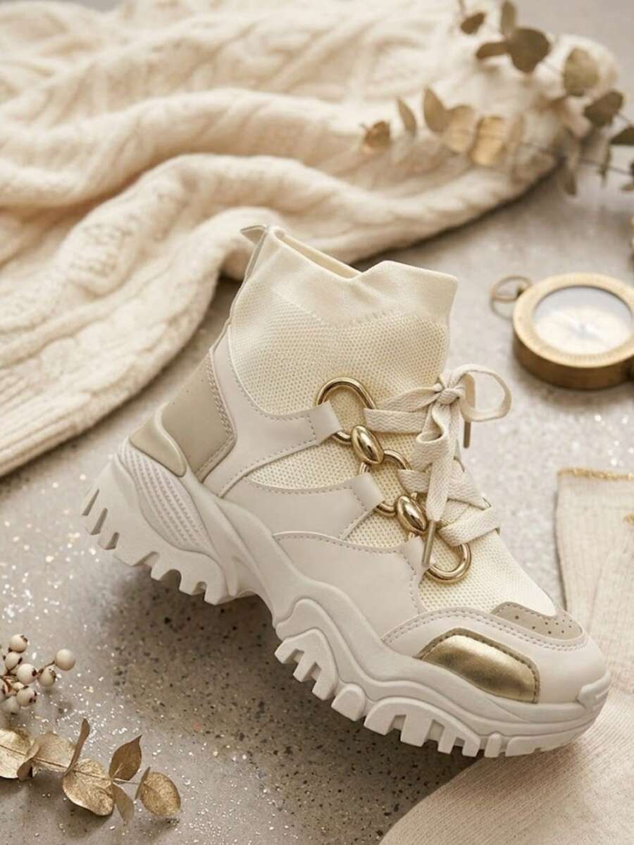 Women's Thick Sole Sneakers, Chunky Sneakers - Apricot - View 1