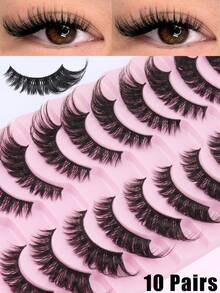 10 Pairs Cat-Eye False Eyelashes, Fluffy Layered Wispy Lashes With Realistic Mink Effect, Natural-Looking Extended Strip Lashes For Makeup, Parties, Festivals, Weddings, Halloween & Daily Glam - 黑色 - 查看 2