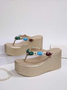 Women's Bohemian Style Stone Decor Wedge Flip Flops, Thick Sole Thong Sandals With Turquoise Bead Ornament,Summer Sandals - Gold - View 2