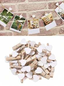 50pcs White Heart-Shaped Wooden Photo Clips - Wooden Photo Paper Clips, Postcard Clips, Mini Decorative Clips Suitable For Crafts, Home Decor, Weddings, And Parties, Perfect For Displaying Photos And Decorations - View 1