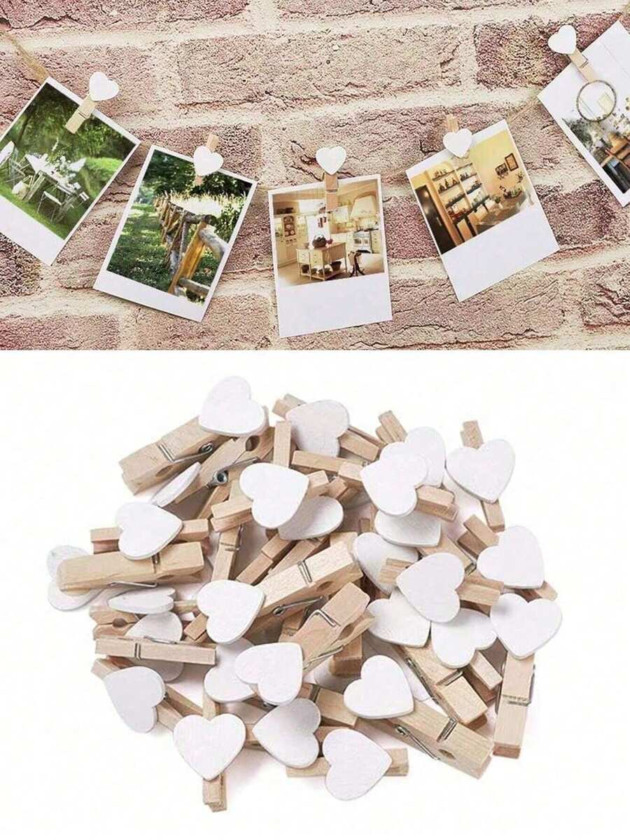 50pcs White Heart-Shaped Wooden Photo Clips - Wooden Photo Paper Clips, Postcard Clips, Mini Decorative Clips Suitable For Crafts, Home Decor, Weddings, And Parties, Perfect For Displaying Photos And Decorations - View 1