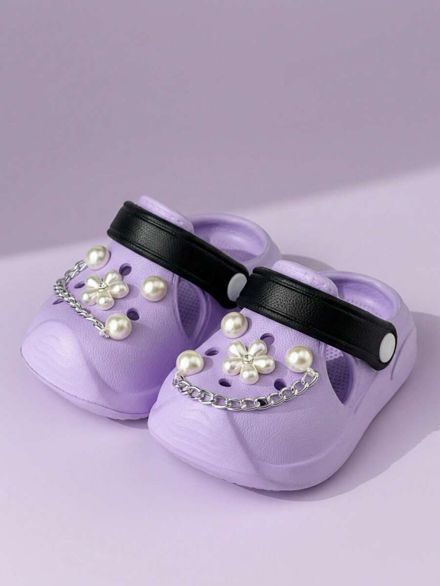 HAHABOBO New Kids Girls Sandals With 3D Flower Chain Decor, Purple, Fashion Versatile Elegant EVA Material Slip-On, Lightweight Comfortable Soft, Indoor Home Shower Outdoor Walking Travel School Beach All Season Spring Summer - Purple - View 1