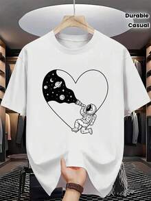Camiseta de Algodón para Hombre con Estampado de Astronauta, Exploración Espacial, Corazón y Telescopio, Algodón Puro, Impresión Premium, Duradera, Casual y a la Moda - Blanco - Ver 1