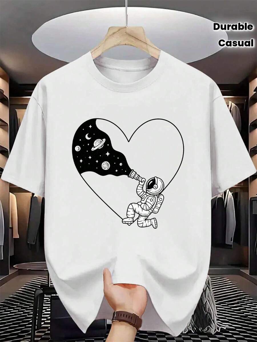 Camiseta de Algodón para Hombre con Estampado de Astronauta, Exploración Espacial, Corazón y Telescopio, Algodón Puro, Impresión Premium, Duradera, Casual y a la Moda - Blanco - Ver 1
