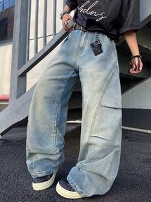 1条复古拼接阔腿牛仔裤，舒适休闲街头风男女通用牛仔裤（不含腰带和配饰） - 藍色 - 查看 3