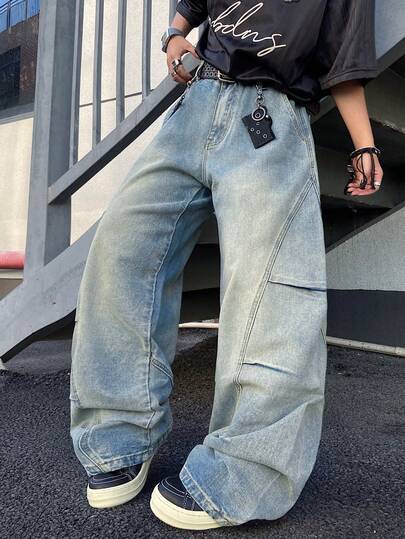1pc Vintage Patchwork Wide Leg Jeans, Comfortable Casual Streetwear Unisex Denim Pants (Belt And Accessories Not Included)