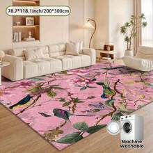 Large Pink & Multi-Colored Floral & Bird Print Rug - Soft Pink, Green, Yellow, Purple, Orange, Brown, Gold, Red - Rectangular Carpet, Suitable For Living Room, Bedroom, Hallway - Elegant Home Decor Rug, Living Room Carpet - 1PC - Xem 3
