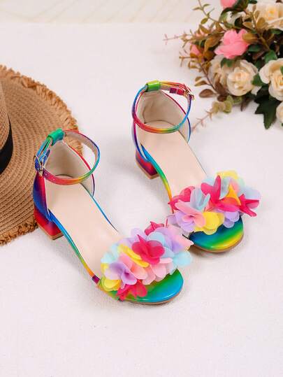 1 Đôi Sandal Cao Gót Màu Ombre Hoa Cầu Vồng cho Bé Gái, Sandal Cầu Vồng Ngọt Ngào Như Trong Truyện Cổ Tích cho các Lễ Hội, Sandal có Khóa Điều Chỉnh, Mũi Hở, Gót Không Gót, Thích Hợp Cho Kỳ Nghỉ, Tiệc Tù, Biểu Diễn Ở Trường.