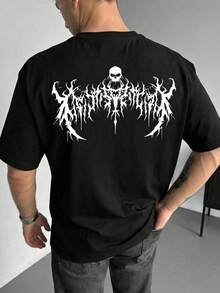 GRDR 男士圆领短袖黑白死亡金属风格骷髅头文字印花宽松休闲T恤，春夏款 - 黑色 - 查看 1