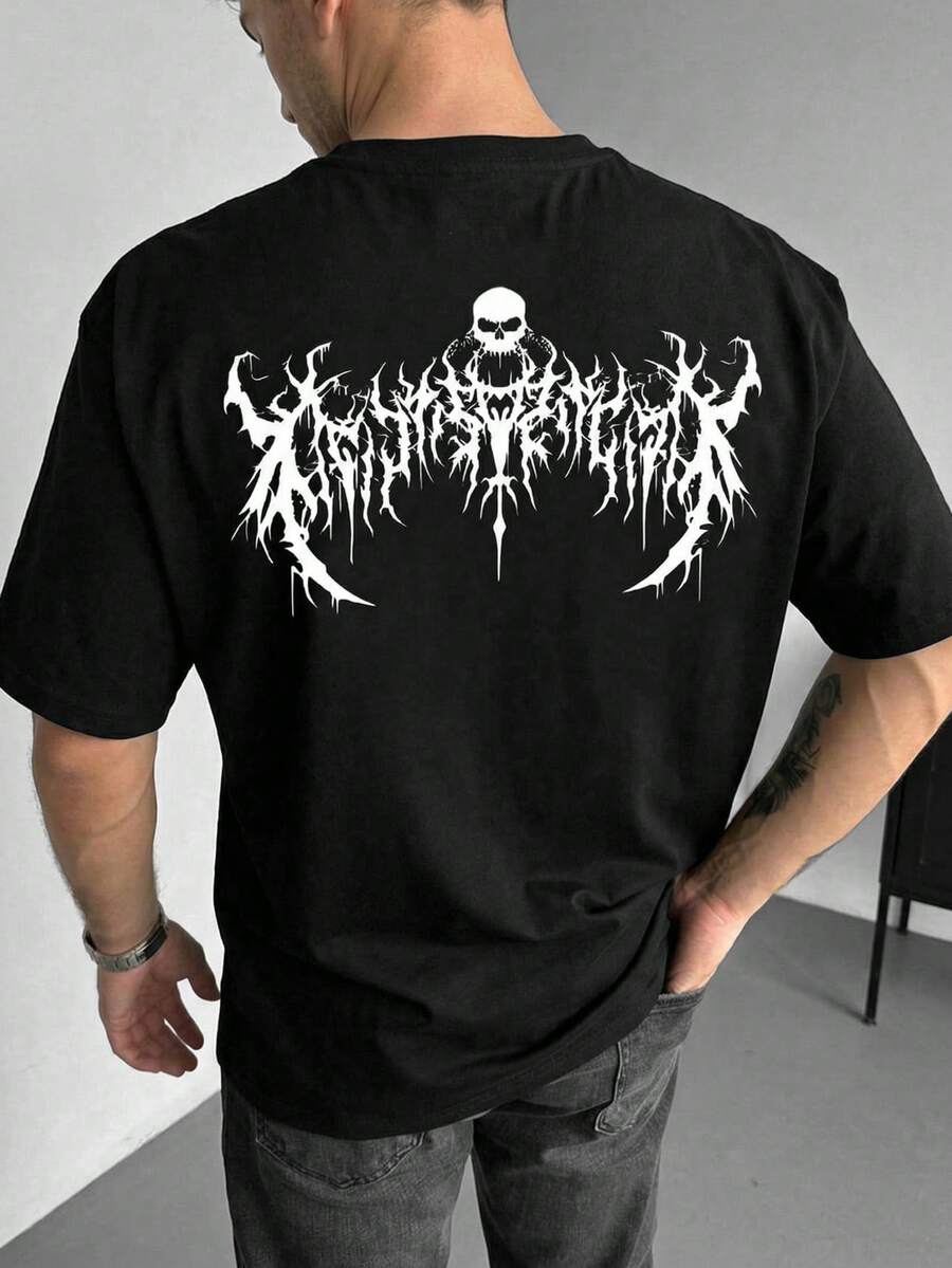 GRDR 男士圆领短袖黑白死亡金属风格骷髅头文字印花宽松休闲T恤，春夏款 - 黑色 - 查看 1