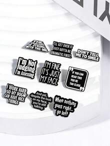 9pcs Black & White Letter Enamel Brooch, Interesting English Phrase Lapel Pin, Fashion Jewelry Suitable For Men & Women, Daily Wear & Gift - Black and White - View 2