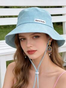 1顶女士抽绳帽檐渔夫帽，户外渔夫帽，带可调节下巴绳，毛边设计，面料柔软，防风，时尚，适合旅行、海滩、海边休闲度假、日常使用 - 彩色 - 查看 2