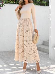 Women Casual Eyelet Long Sleeve Crewneck A-Line Boho Maxi Dresses Spring Autumn Hawaii Wedding Guest Holiday Vacation Long Dress Pockets Outfits - 米色 - 查看 3