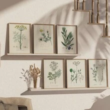 Set Of 6 Unframed Vintage Herbs & Botanical Art Prints, Retro Fern & Wildflower Canvas Posters, Farmhouse Kitchen Gallery Wall Decor, Aesthetic Floral Wall Art For Bedroom & Living Room, Housewarming Gift, Rolled Canvas No Frame - Plant - View 6