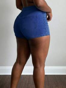 Quần short denim cạp cao co giãn dành cho nữ cỡ lớn, quần short ôm sát gợi cảm. - Rửa tối - Xem 2