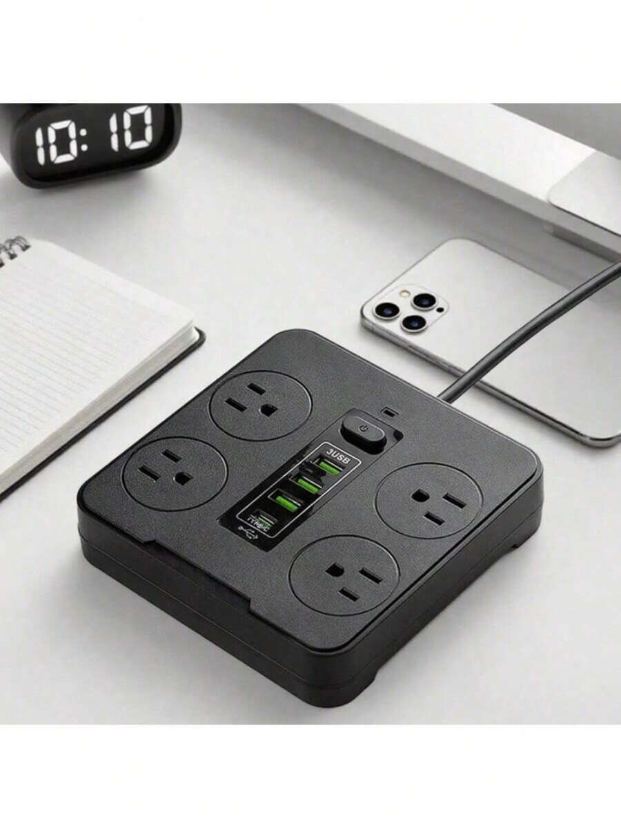1 Piece Multi-Outlet Charger With 4 Outlets: 2 USB, 2 Type C, 2m Power Strip - Black - View 1