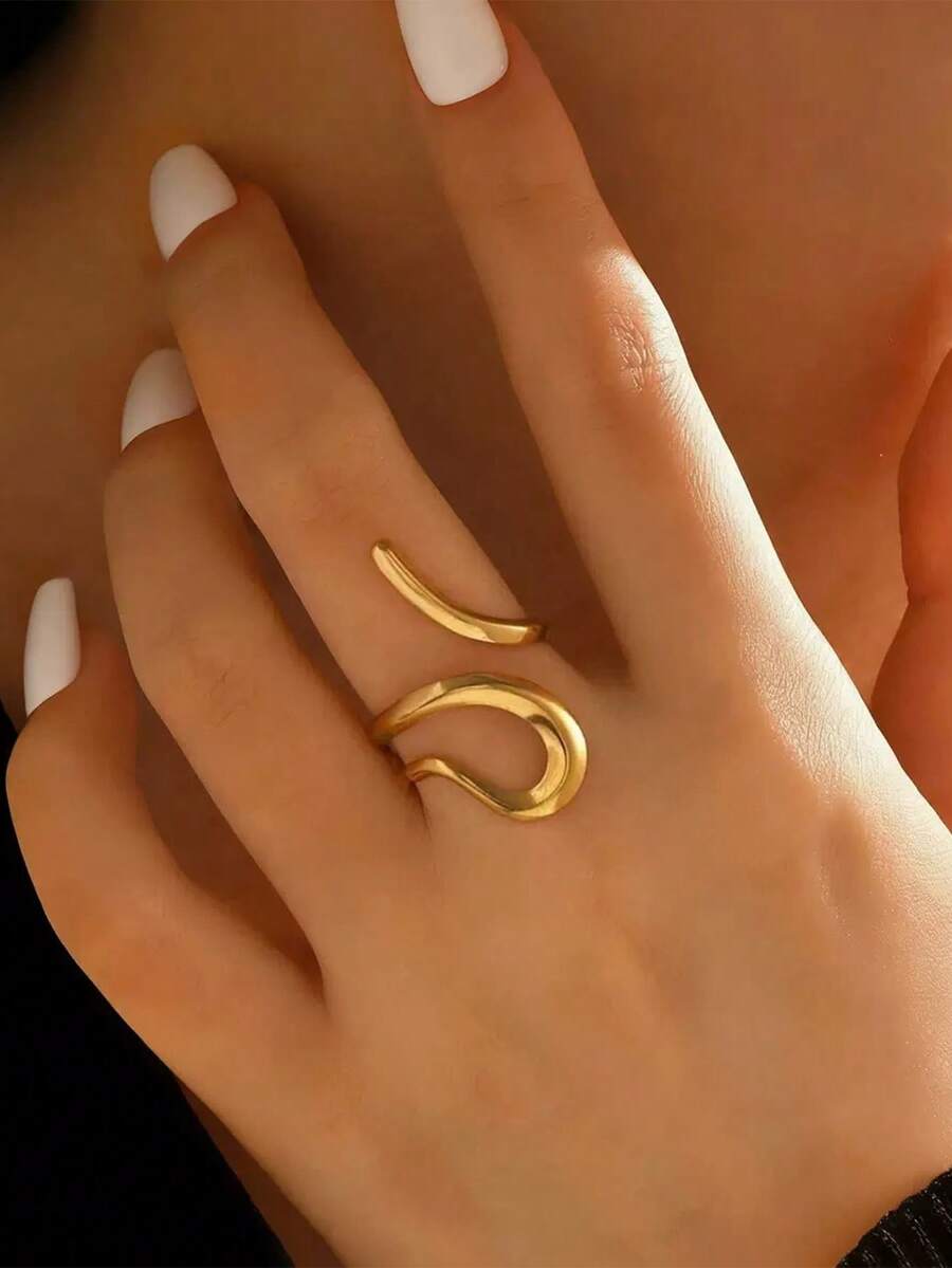 1 chiếc nhẫn thép không gỉ thiết kế đường kẻ bất đối xứng, kiểu dáng tối giản thời trang, phù hợp cho phụ nữ đeo hàng ngày và dự tiệc. - Vàng - Xem 1