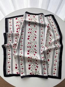 Women's Spring Summer Flower Print Square Scarf Imitation Silk Shawl Neck Protection Bib Professional Scarf Warm Suitable For Daily Use - Black - View 2