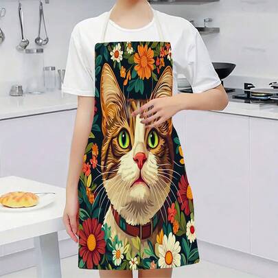 1 chiếc tạp dề nhà bếp họa tiết hoa lá nhiều màu sắc và hình mèo, thích hợp cho nhà bếp, phòng khách, phòng ăn, khách sạn, tiệc nướng ngoài trời, v.v., được làm từ 100% polyester, có thể giặt máy.