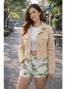 Women's Short Suede Style Jacket With Buttons - Chic Casual Fashion  2026 Premium - 米色 - 查看 1
