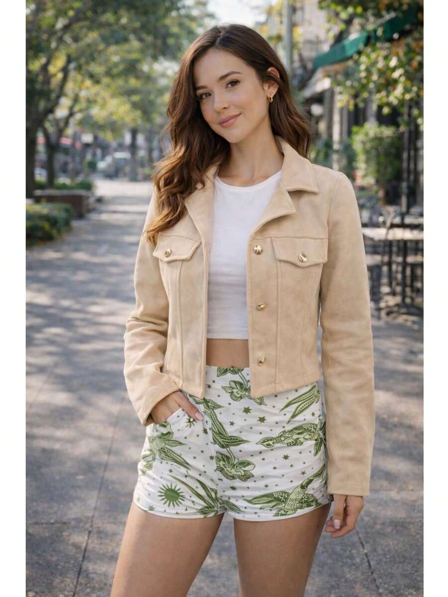 Women's Short Suede Style Jacket With Buttons - Chic Casual Fashion  2026 Premium - 米色 - 查看 1