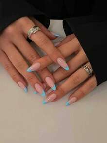 30片杏仁形浅蓝色法式美甲贴纸，按压式美甲贴纸，全覆盖亚克力假指甲套装，包含1瓶凝胶指甲油和1把指甲锉，适合女性和女孩日常及派对使用 - 彩色 - 查看 2