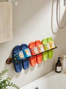1pc No-Drill Wall-Mounted Slippers Rack, Natural Wood & Metal Bathroom Slippers Storage Rack, Space-Saving Shoe Organizer - Multicolor - View 5