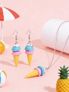 Juego de 3 piezas/Set de joyería con colgante de helado y paleta de postre, collar y pendientes, accesorios de arcilla blanda con diseño de dibujos animados dulce de verano para atuendo de fiesta - Multicolor - Ver 4