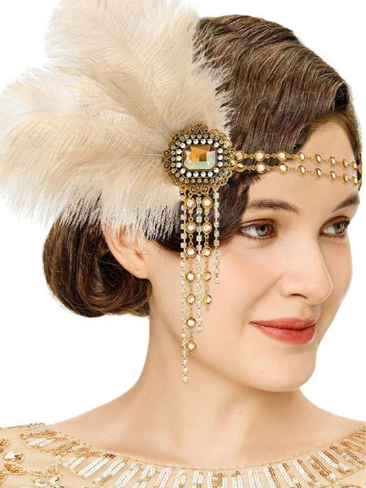 Băng đô kiểu thập niên 1920, đính đá và lông vũ, phù hợp làm phụ kiện tóc cho các bữa tiệc theo chủ đề thập niên 1920 dành cho nữ. - F - Xem 1