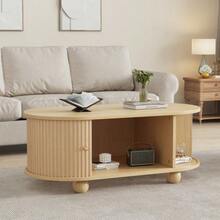 Oval Coffee Table With Storage Space And Sliding Doors, Multifunctional Space-Saving Furniture In Wood Colors. - Natural Color - View 3