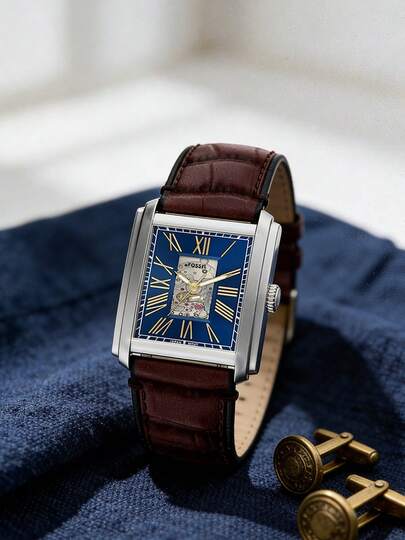 Fossil Đồng hồ cơ vuông cổ điển Carraway Series, đồng hồ đeo tay nữ thời trang đa năng, quà tặng thương hiệu, cần thiết cho việc đi lại hàng ngày và các cuộc hẹn, vỏ bạc mặt số xanh dương dây da nâu, đồng hồ cơ kèm hộp đồng hồ chính hãng ME3273