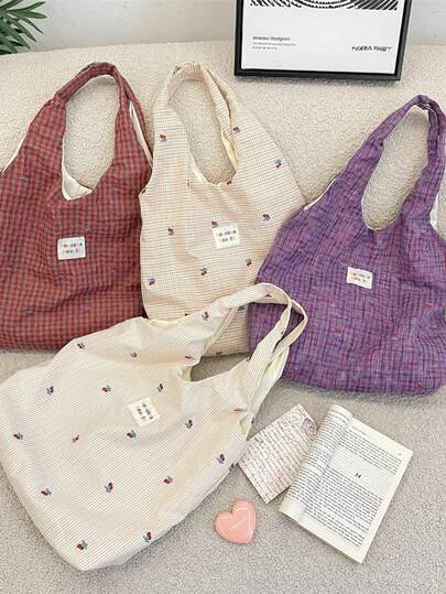 1 pieza Bolso de hombro de lona ligera con bordado de cereza colorido, un nuevo estilo de bolso blazer, ideal para compras, un bolso de hombro para damas