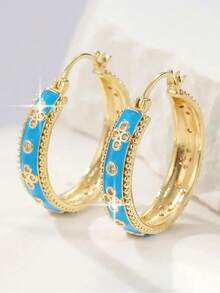 1 Pair Glamorous Luxury Large Round Cubic Zirconia Earrings, Charming Blue Enamel Four-Leaf Clover Earrings, Suitable For Wedding, Engagement, Anniversary Party Wear, Jewelry Gift - Blue - View 7