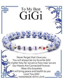 1 chiếc vòng tay hạt gốm màu xanh trắng với mặt dây chuyền chữ "Nana Mimi Mama Grandma", kèm thiệp chúc phúc, vòng tay men ngọc bích là món quà tuyệt vời cho Ngày của Mẹ, Giáng sinh, Ngày Valentine. - Màu xanh lam - Xem 10