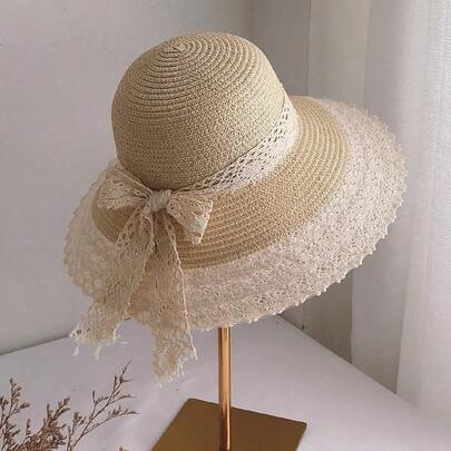 1顶女士大檐蝴蝶结草帽，优雅夏季防晒帽，适合度假、旅行和日常佩戴