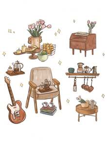 Adesivo de parede autoadesivo com sofá vintage, conjunto de chá, cristaleira e guitarra para quarto ou sala de estar. Tema vintage criativo, material PVC, pintura de parede divertida, decoração removível, design colorido e fofo. - Sofá, conjunto de chá, floreira, guitarra - Ver 6