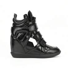 Hidden Wedge Sneakers For Women High Top Fashion Sneaker Suede High Heel Platform Tennis Triple Strappy Band Casual Vintage Dressy Comfy Campus  Retro Sneaker - Màu đen bóng - Xem 2