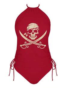 Women'S Tankini Swimwear Featuring A Pirate Skull And Crossbones Design, Perfect For Halloween And Rave Parties. This Elegant Bathing Suit Is Ideal For Beach Outings, Pool Gatherings, And Water, Showcasing A Cute Style, Durable Fabric - 紅色 - 查看 5